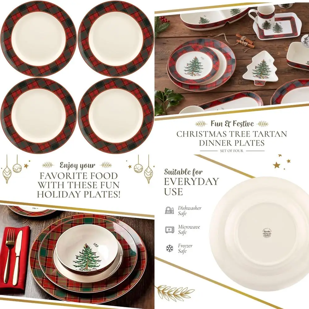 

Spode Christmas Tree Tartan Dinnerware Set - 4 Pieces, 10.5 Vibrant Holiday Plates with Tartan Plaid Pattern