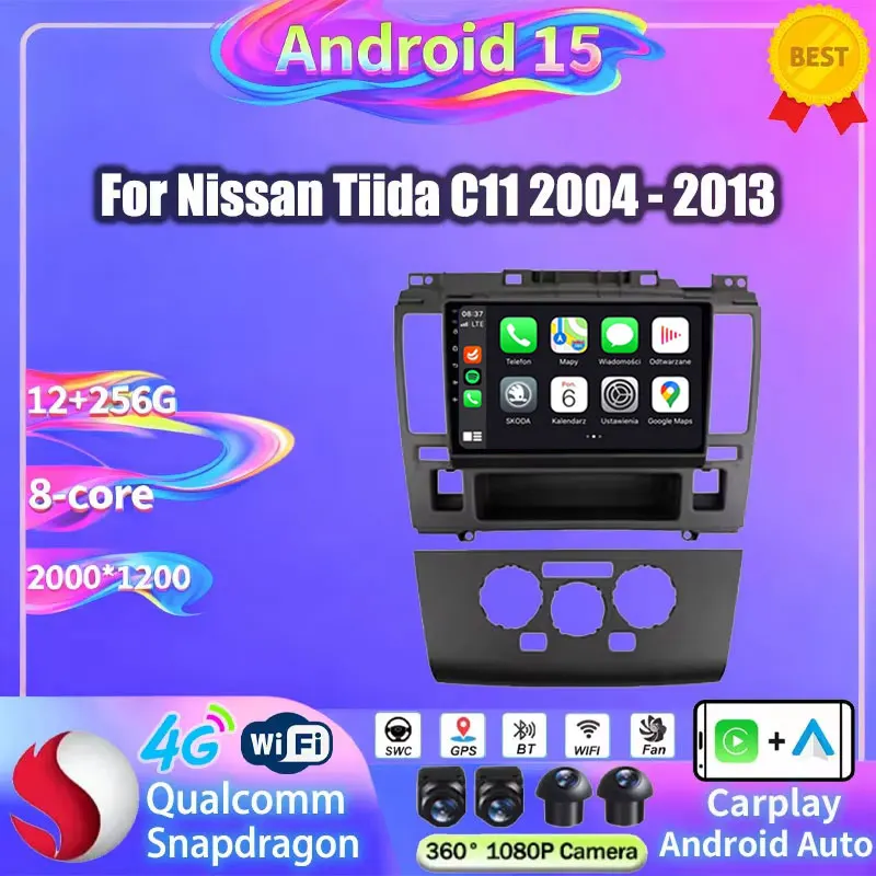 Carplay Inalámbrico para Nissan Tiida C11 2004-2013, Radio de Coche Android 15, Reproductor Multimedia Estéreo 2DIN con WIFI, Unidad Principal para Auto con DTS y DSP
