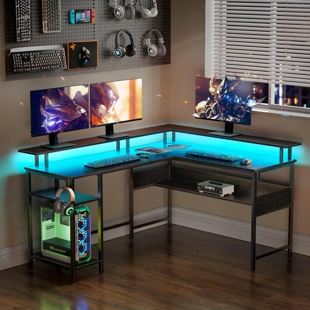 Desk L Shaped LED Lights and Power Outlets, Reversible L Shaped Gaming Desk with Monitor Stand, Home Office Desk with Storage