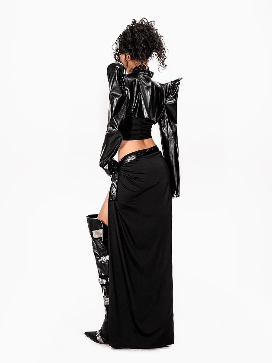 سترة نسائية من الجلد الصناعي من REDDACHiC سترة مقصوصة لراكبي الدراجات النارية باللون الأسود الصلب بأكمام طويلة معطف منفوخ ملابس خروج Emo Alt