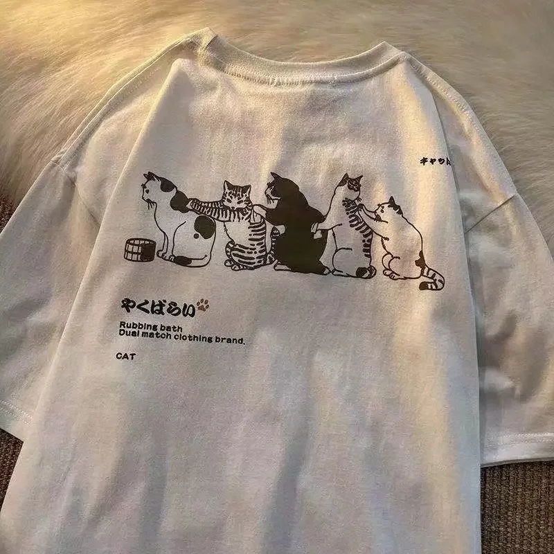 Camiseta de manga corta con cuello redondo para mujer, ropa estética de gran tamaño con estampado de gato lindo de dibujos animados, Harajuku, Y2k,