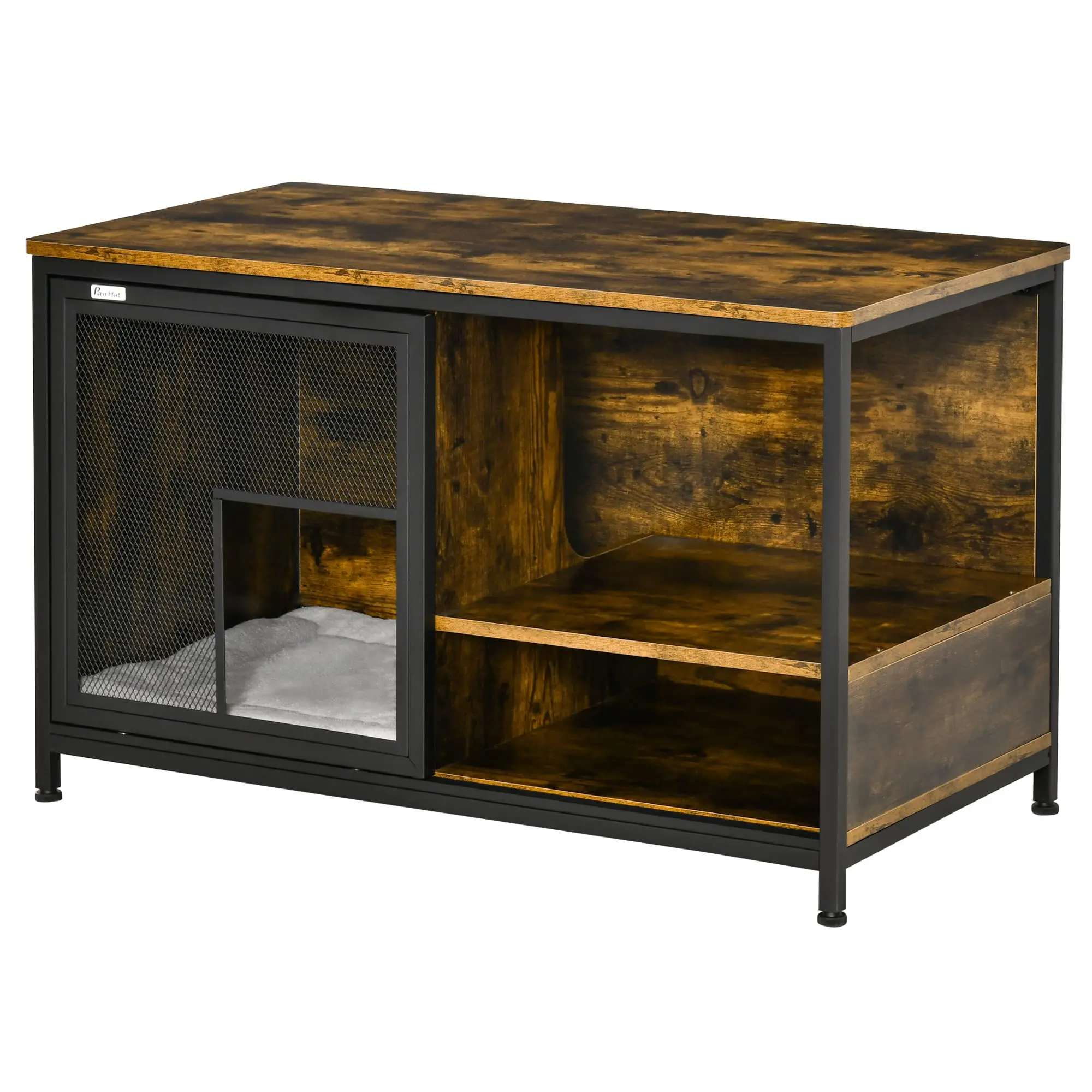 Wooden Cat Crate, Furniture Style Dog Cage, Puppy Kennel Indoor, End Table Pet House with Cushion and Sliding Doors