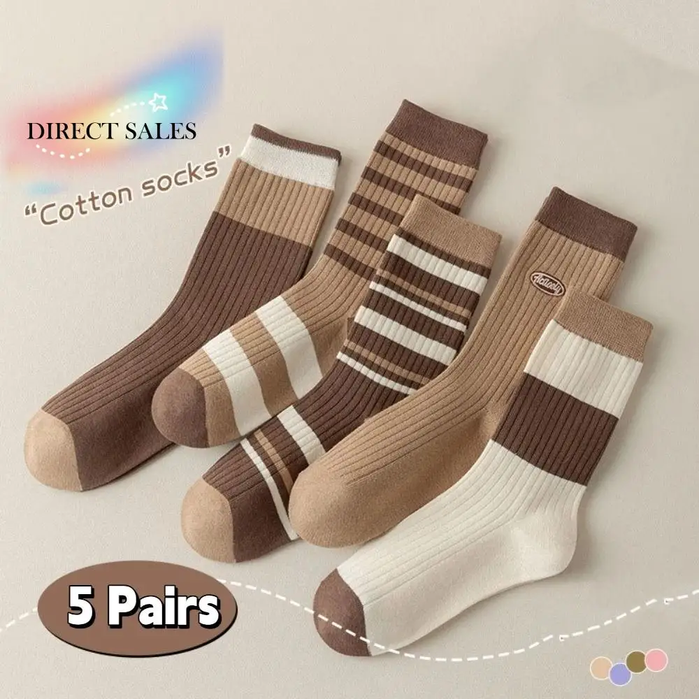 

5 пар удобных женских хлопковых носков в стиле ретро, дышащие тонкие полосатые носки-трубочки, мягкие чулочно-носочные изделия, носки до середины икры, сохраняющие тепло