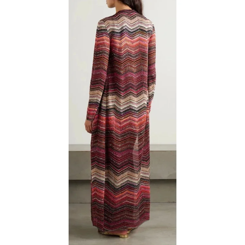 Women Metallic Chevron Pattern V-Neck Silhouette Knitted Cardigan Long Dress