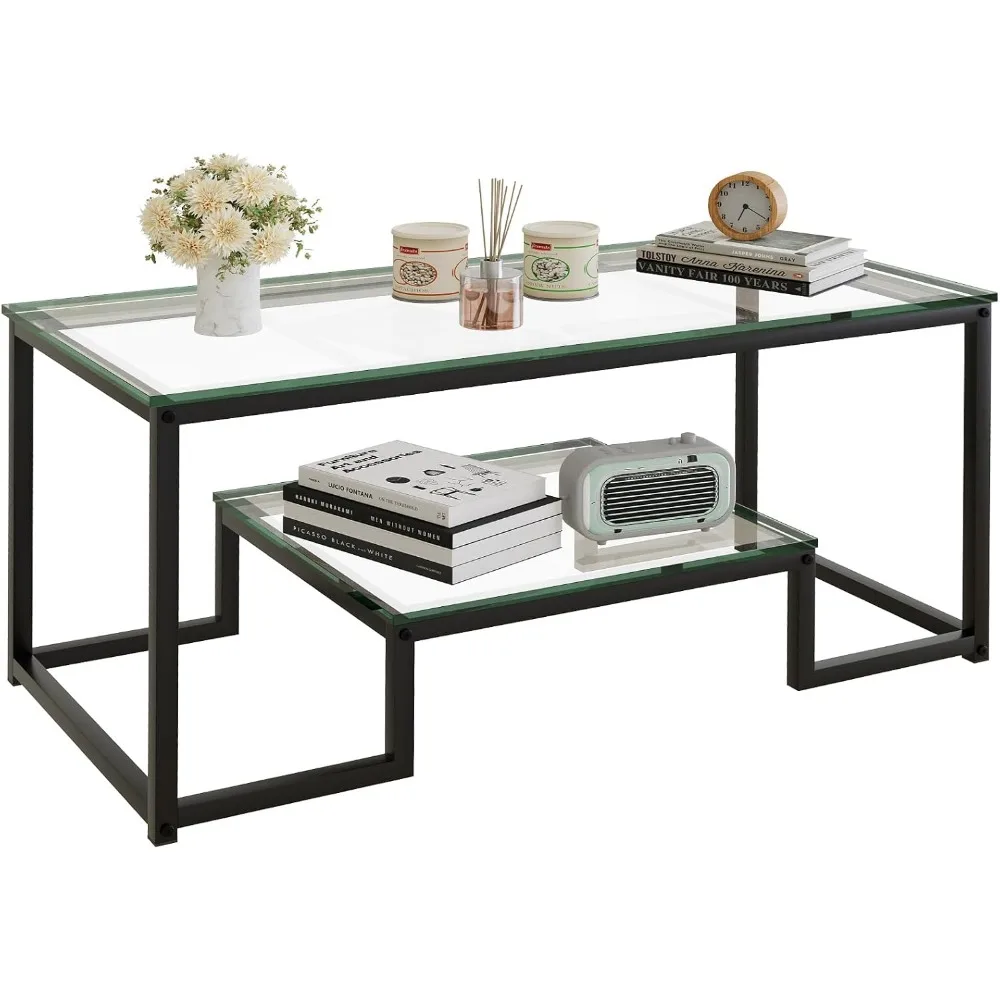 

Coffee Table Black Glass Coffee Table for Living Room,2 Tiers Rectangle Center Table with Sturdy Metal Frame,Modern Tempered Gla