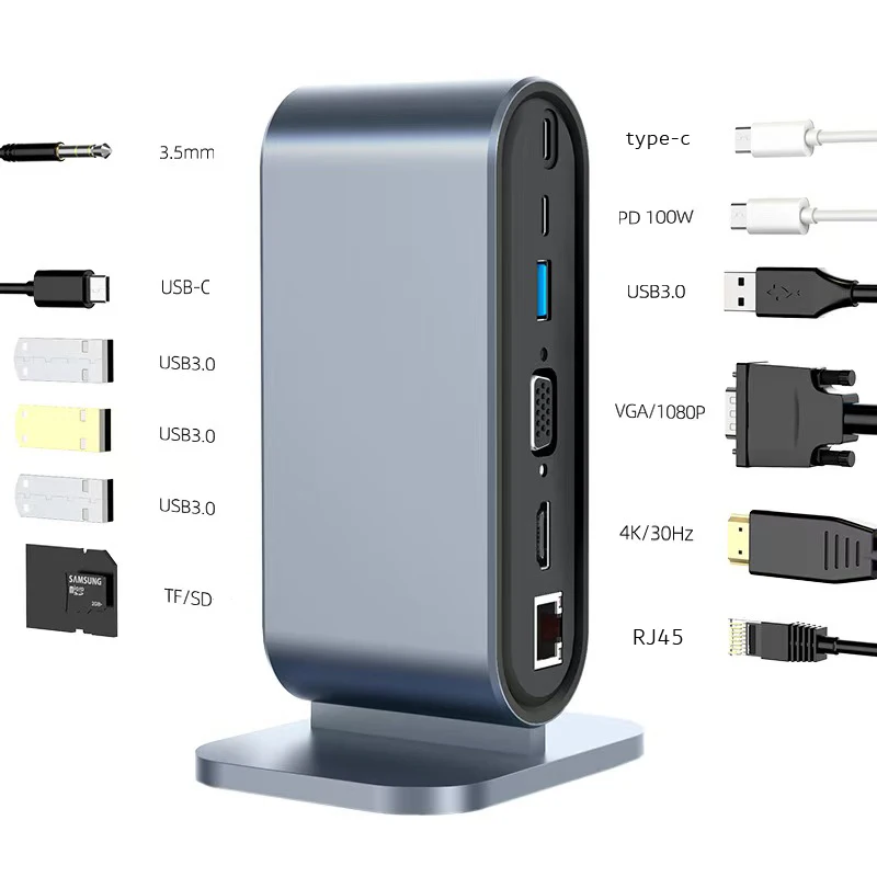 USB HUB Docking Station 100W Charging,Dual Monitor for Windows,USB3.0 USB-C (HDMI,USB-C,USB3.0,VGA1080P,Audio,TF/SD Card Reader)