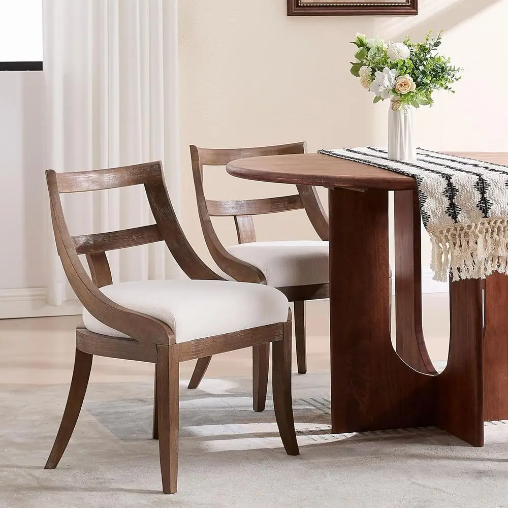 4-Piece Century Upholstered Dining Set with Curved Wooden Back, Brown Walnut & Beige
