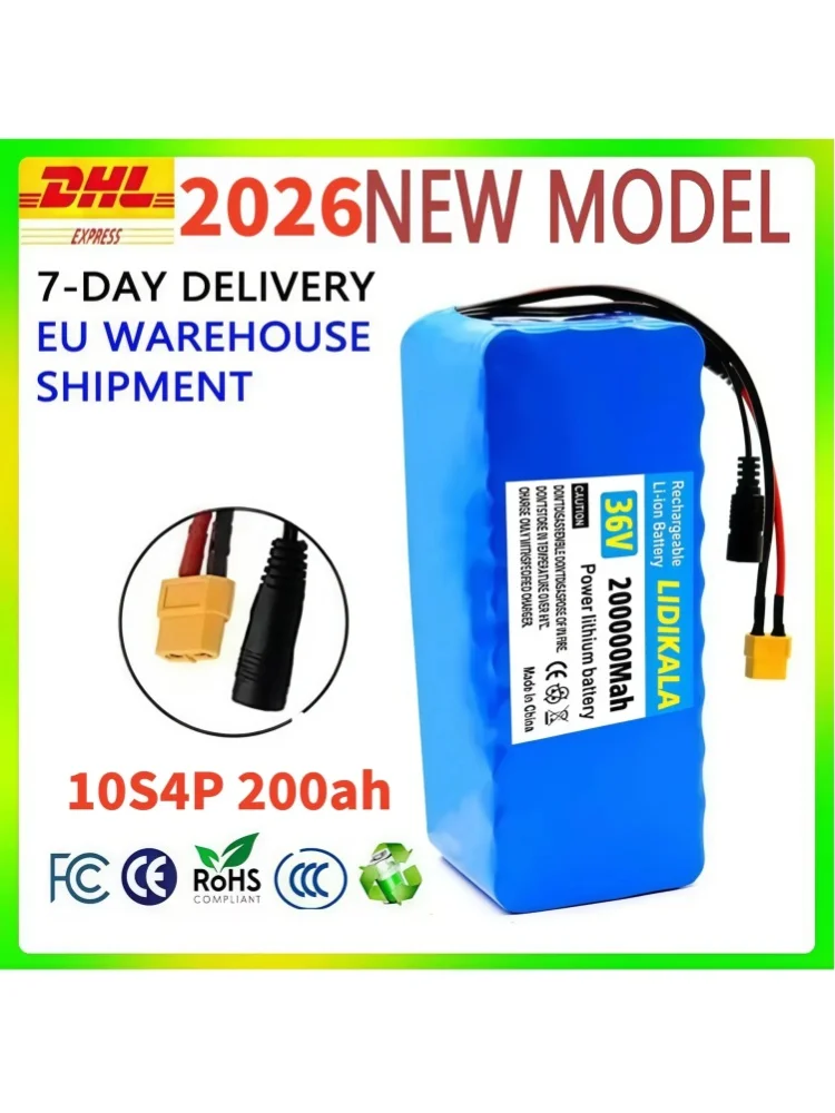 Neuer 36V 200Ah 1000W 10S4P wiederaufladbarer Lithium-Ionen-Akku, 1000W Leistung mit intelligentem BMS, geeignet für Elektrofahrräder und Elektroroller, Akku + 42V2A Ladegerät