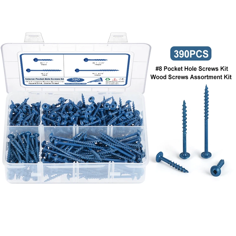 

Набор из 390 саморезов для скрытого крепления # 8 шт. синих антиржавейных шурупов по дереву с крупной резьбой, квадратным приводом, размеры 1, 1-1/4, 2, 2-1/2 дюйма