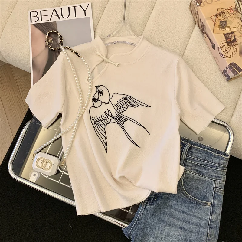 Chinese Style White Tshirt Women Summer Short Sleeve Top Ladies Pockets Basic T Shirts Knitted Casual Clothes Tee Shirt Femme