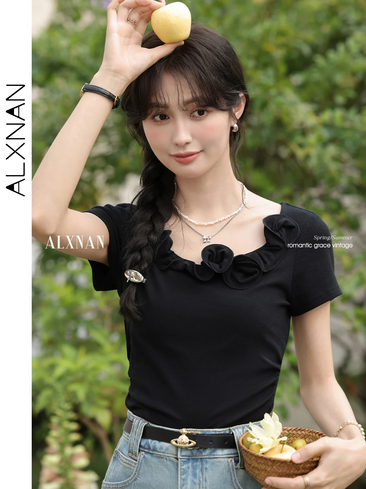 

ALXNAN женская черная футболка из хлопка, лето 2025, футболка с короткими рукавами, повседневная офисная элегантная тонкая талия, популярная корейская одежда L53359
