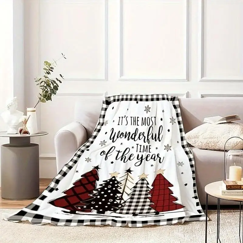 Black and White Plaid Christmas Blanket Tree Flannel Throw, Soft Warm and Versatile for Office or Picnics Perfect Holiday Gift