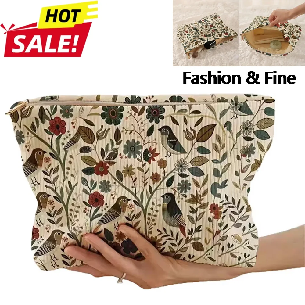 Bolsa de cosméticos de moda con diseño de ramas y pájaros, bolsa de maquillaje para mujer, bolsa de almacenamiento de cosméticos de pana, bolsa de aseo portátil para viajes y desplazamientos Entrega rápida 4-6 días Lle