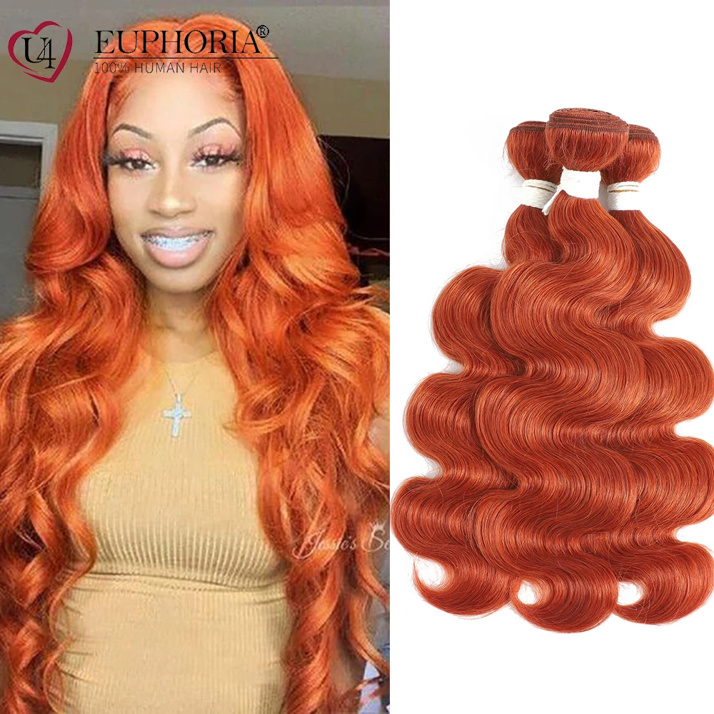 Body Wave Brazilian Remy Human Hair Weaving Extensions 3 Bundles Orange Color 3/4 Pcs Bundles Hair Wefts Euphoria