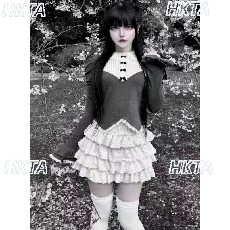 Japanese Subculture Goth Bow Adorned Lapel Long Sleeve Tshirt Top Y2k Women Autumn New Lace Contrasting Color Knitwear Tshirt
