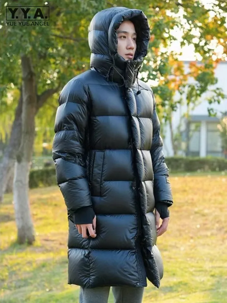 Winter New Mens Cold Resistant Long White Goose Down Jacket Thick Warm Hooded Overcoat Casual Loose Fit Straight Windproof Coat