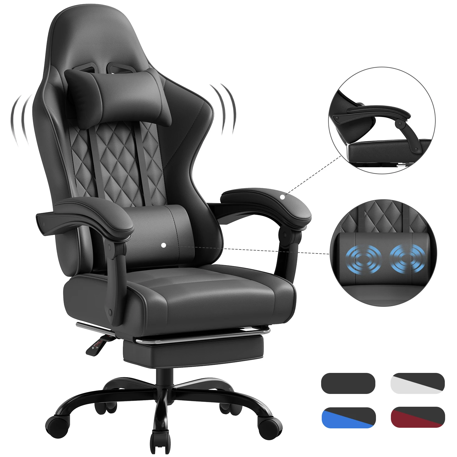 Chaise de jeu Devoko avec fonction de massage, 90-135 °   Chaise de bureau ergonomique réglable en hauteur, avec repose-pieds, en cuir PU, noir