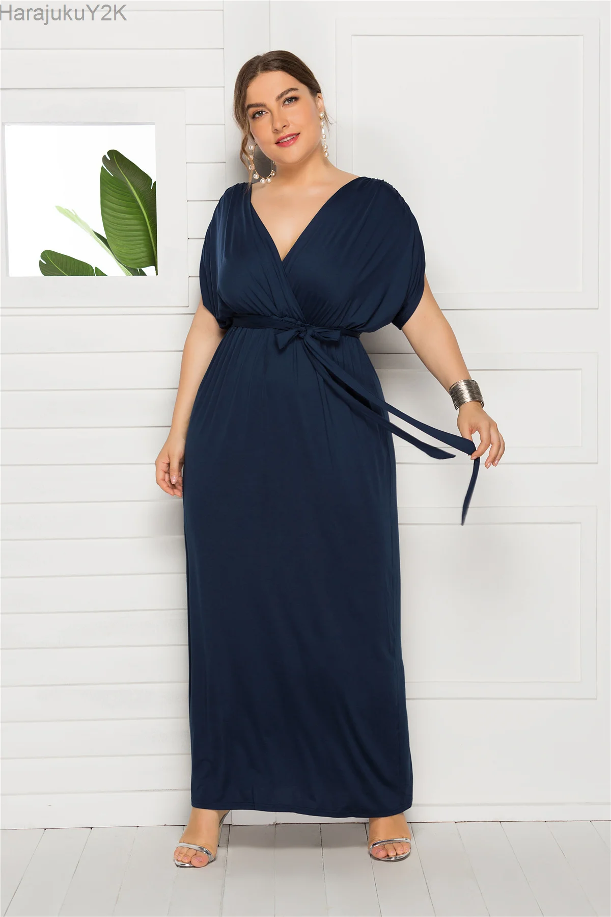 Plus Size Dress 2022 V-Neck Short Sleeve Solid Color Pattern And Ankle Slim Summer High Waist A-Line Skirt Elegant Party