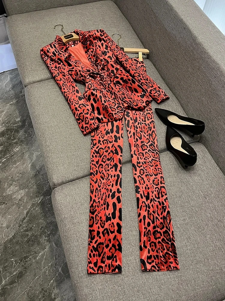 HIGH STREET Newest Fashion 2025 Designer Suit Set Women's Single Button Leopard Printed Velvet Blazer Pencil Pants Suit 2PCS