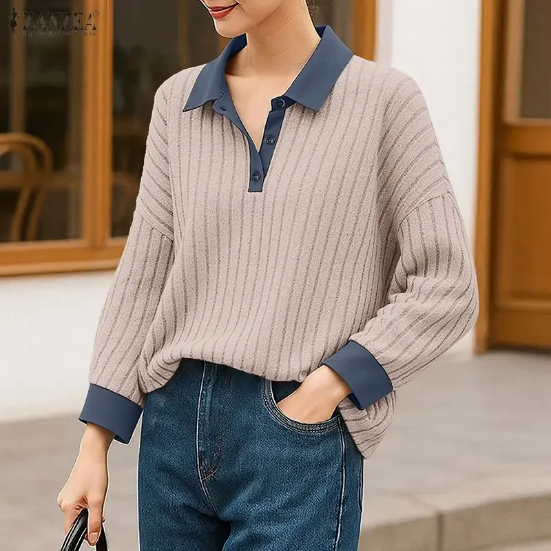 女性エレガントなニットシャツ ZANZEA ラペルカジュアルパッチワークファッショントップス 2026 春長袖 Tシャツブラウスルーズ Blusas プルオーバー