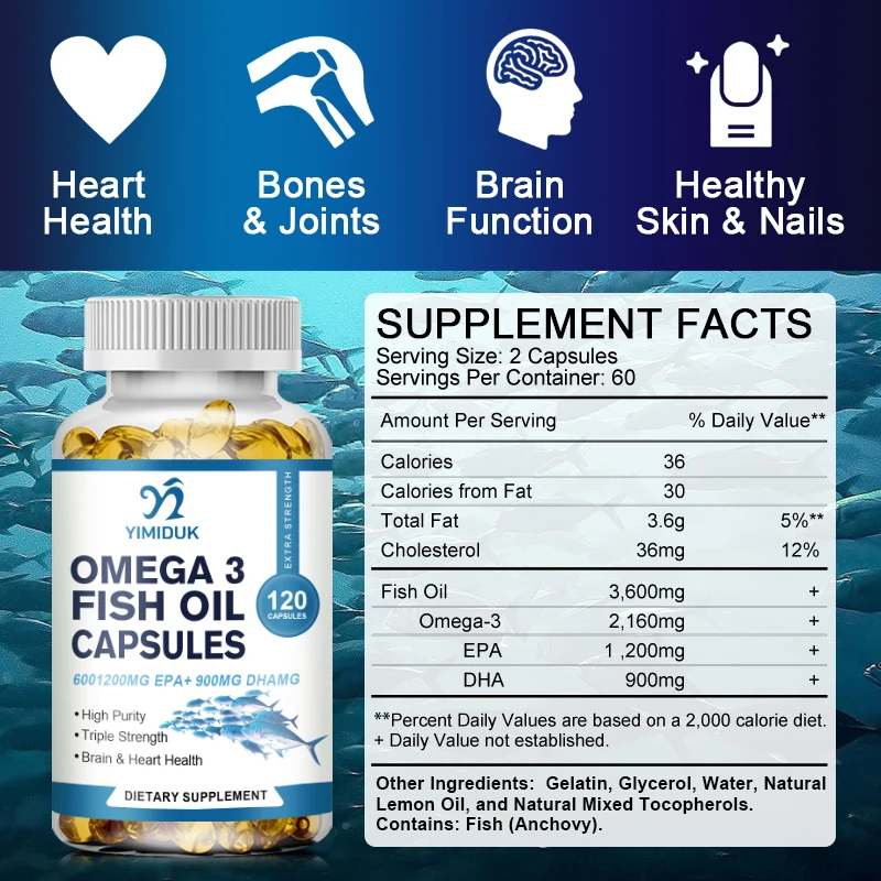 Omega 3 Fish Oil Capsules, DHA & EPA Rich Supplement for Anti-Aging Skin, Eyes, Heart, Brain, Immune System Support