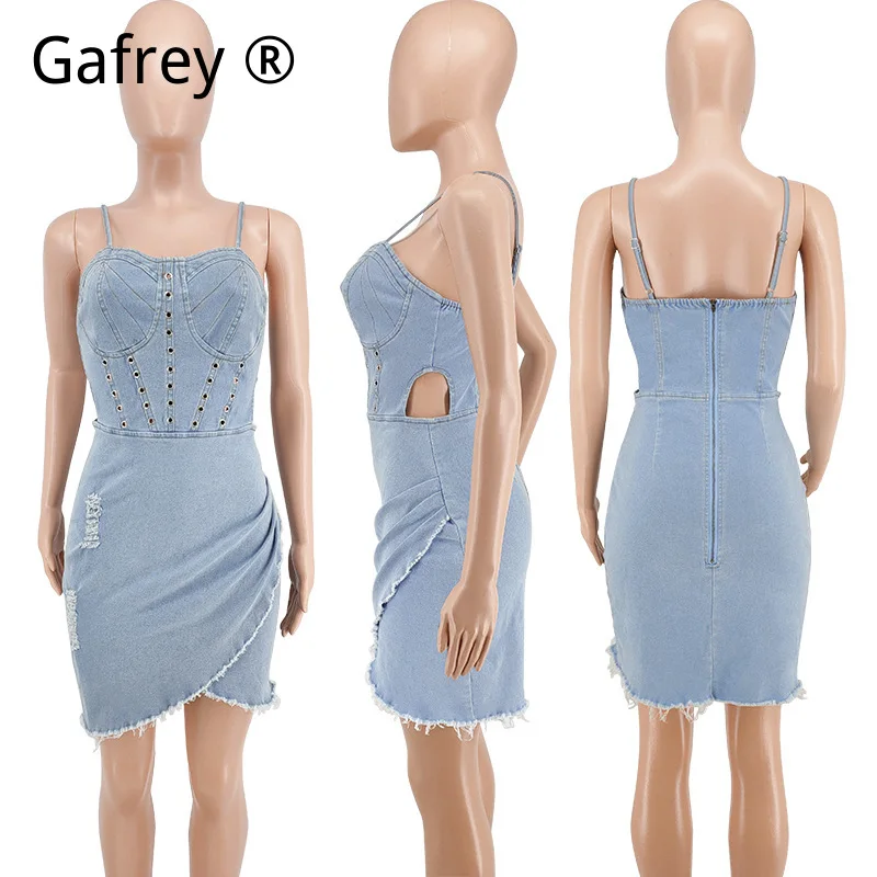 Women's Plus Size Sexy Sleeveless Washed Denim Dress, High Waist Ruched Jean Mini Dress, Drawstring Summer Streetwear Outfit view 6