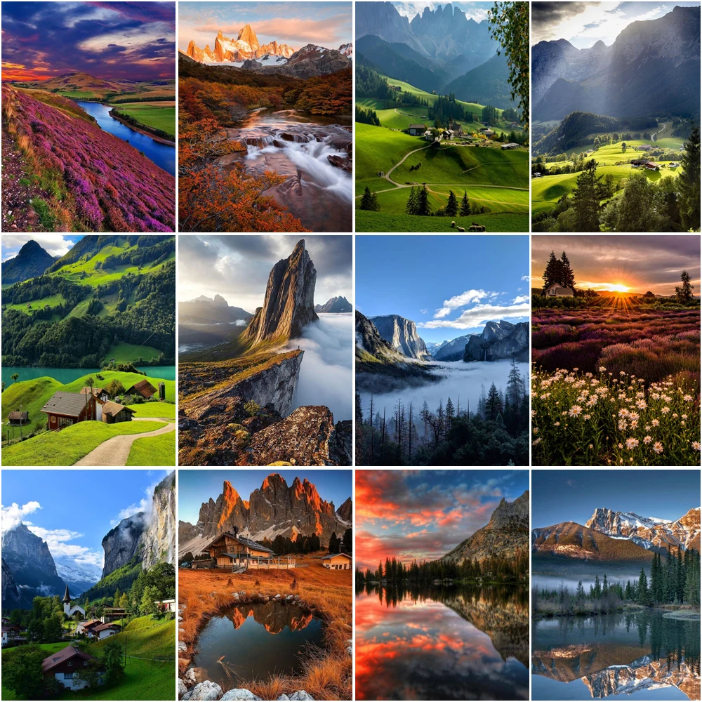 5D Diamond Painting Landscape DIY Alpine Grassland Lake Mosaic Round Diamond Embroidery Room Wall Decor Rhinestone Painting