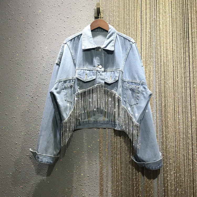 

TEELYNN Diamonds Tassel Maxi Denim Coats for Women Vintage Lapel Long Sleeve Denim Jacket Autumn 2022 Casual Loose Boho Coat