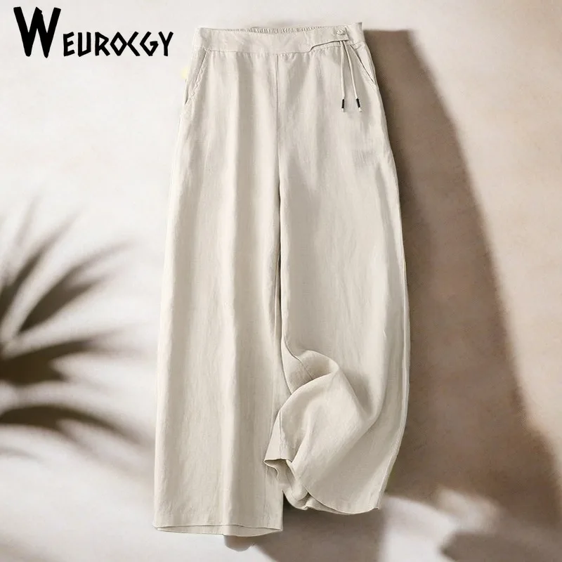 Retro Artistic 2024 Autumn Wide Leg Pants Women Elastic High Waist Cotton and Linen Casual Pants Loose Straight Women's Pants