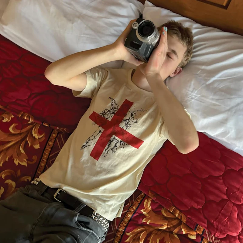 

2025 новая модель Хип-хоп Крест Y2K Хлопковая футболка Панк Футболка из чистого хлопка Винтаж Гранж Гот Уникальная футболка с коротким рукавом Уличная одежда C