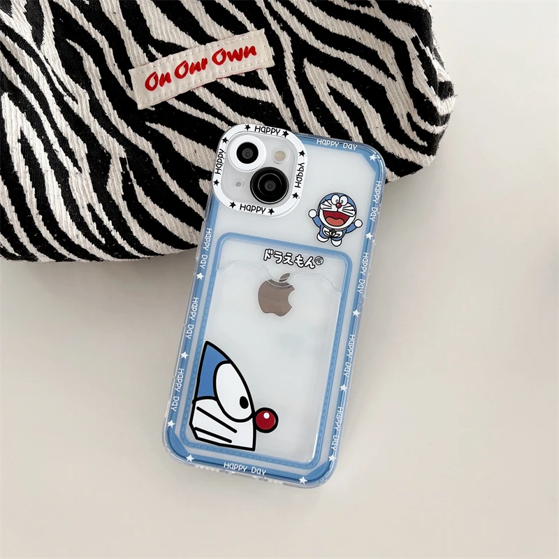 Cartoon Doraemon Soft Silicone Case for iPhone 15 14 13 12 11 Pro Max Mini XR XS X 8 7 Plus SE 2020 Silm Card Holder Back Cover