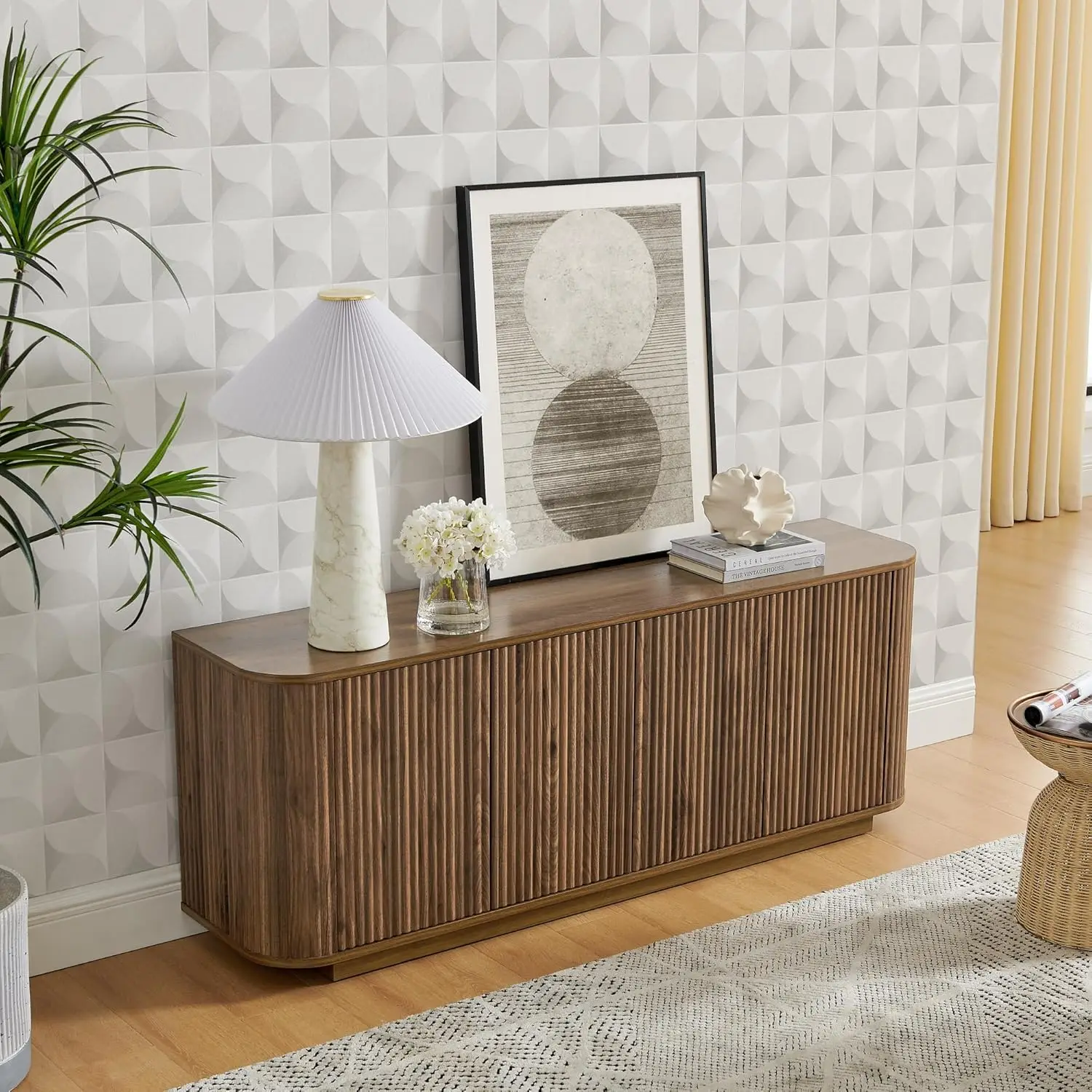 Buffet credenza in noce da 64' con ripiani regolabili, armadio portaoggetti scanalato per cucina soggiorno