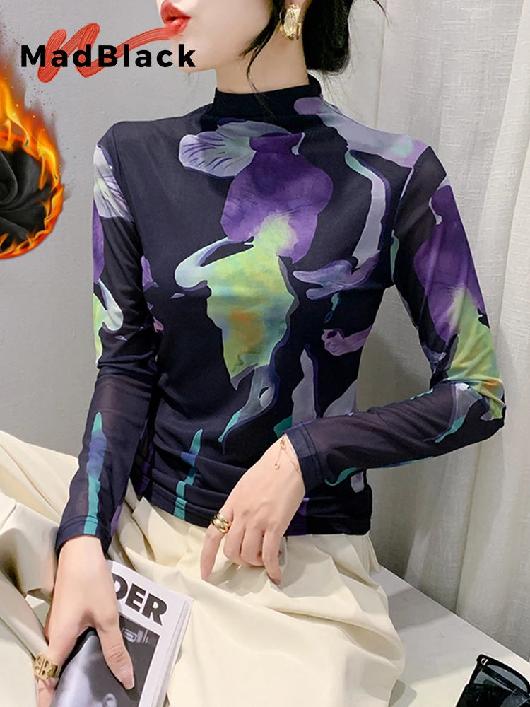 

MadBlack, European Thicken Fleece T-Shirt, Sexy Women Turtleneck Print Top, Clubwear Long Sleeve Slim Tee, Fall Winter T40007CC