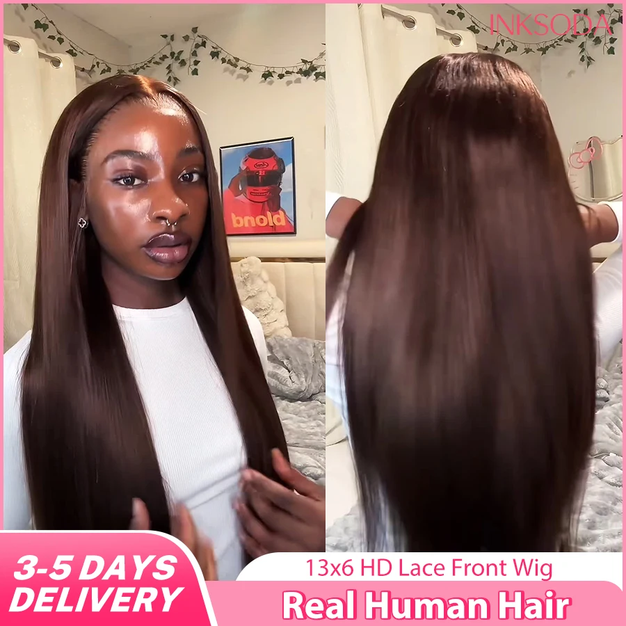 

34 Inch 13x6 HD Transparent Lace Chocolate Brown Colored Front Human Hair Wigs Remy Straight Human Hair #4 Colored Frontal Wigs