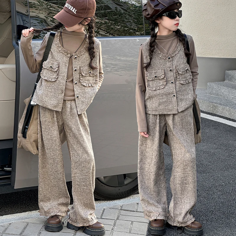 

Осенний французский комплект одежды для девочек-подростков, жилет с краями листьев лотоса + футболка + кружевные широкие брюки, костюм из 3 предметов для младших детей, детская одежда 14 лет