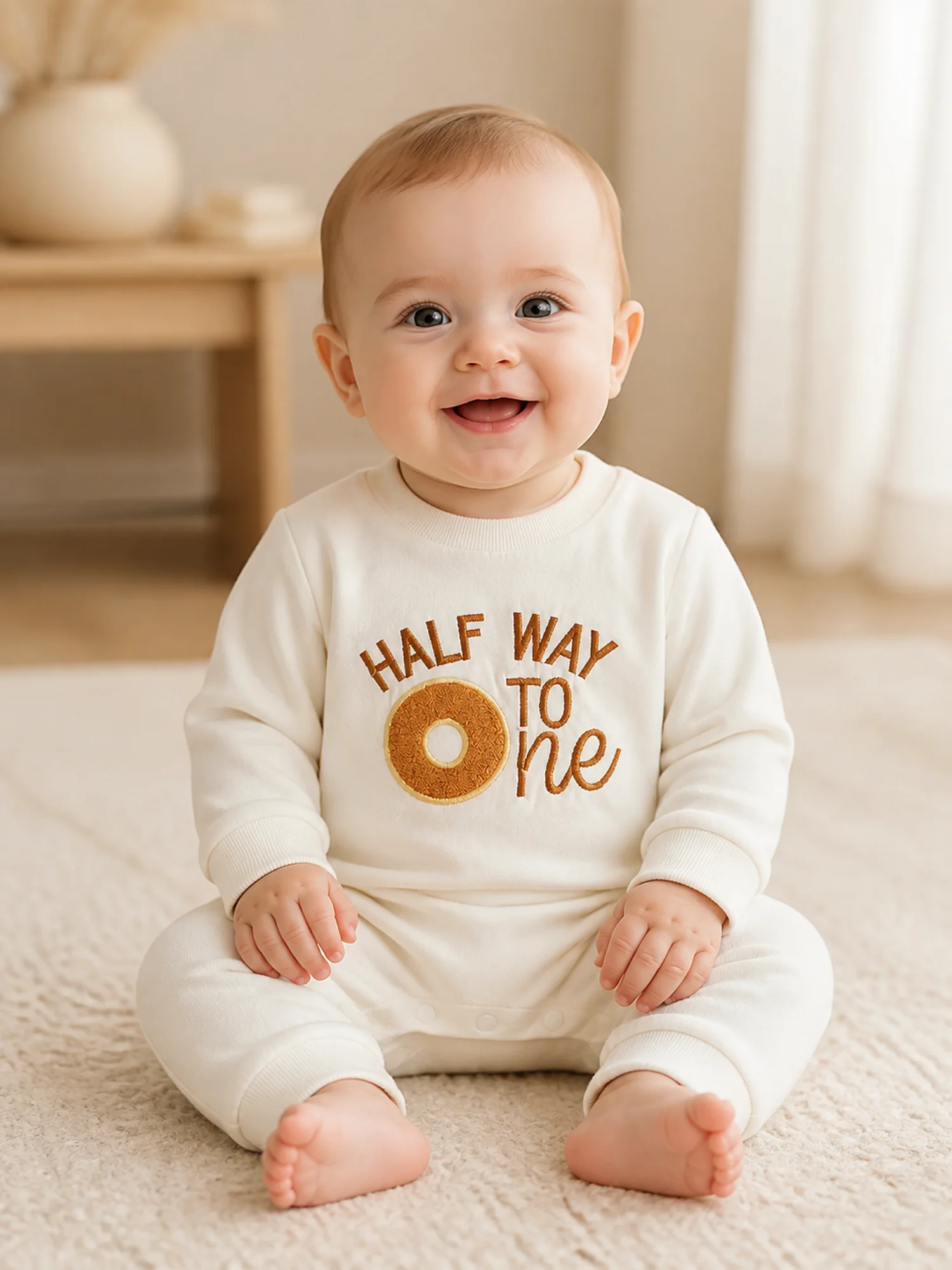Baby Half Birthday Romper Jumpsuit Long Sleeve Crew Neck Donut Embroidery Snap Crotch Infant One‑Piece Outfit For 3‑12M