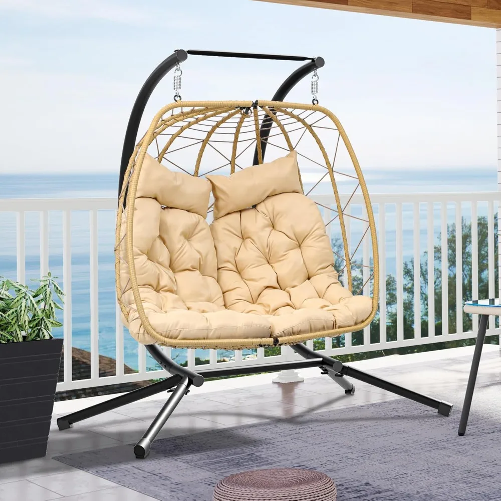 

Patio Love Seats Chair with Stand Double Egg Chair, 2 Person Couple Wicker Rattan Chair Outdoor Egg Chair with Cushions 500lbs