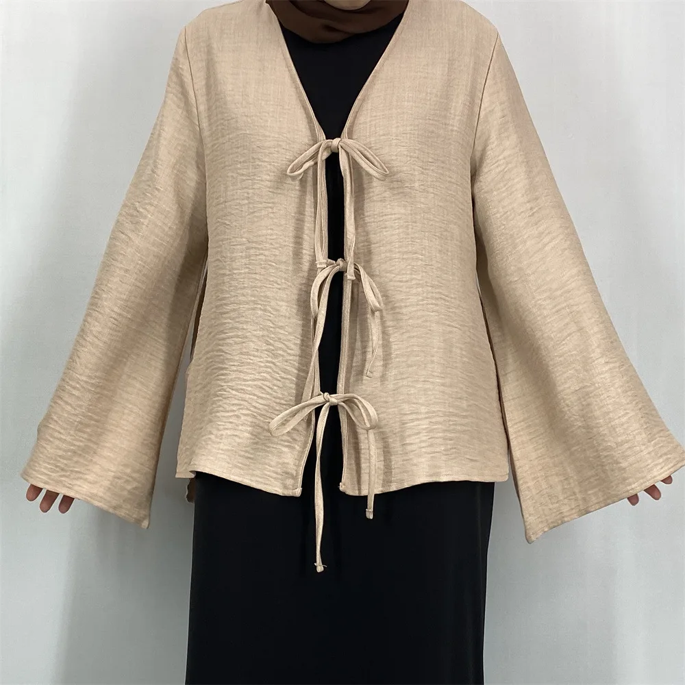 

Ramadan Eid Kimono Tops Lace Up Kaftan Modest Muslim Abayas for Women Islam Clothing Arabic Dubai Blouses Femme Musulmane Shirts
