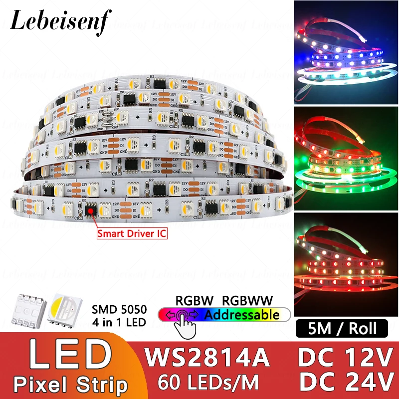 5M WS2814A LED RGBW RGBWW 4 in 1 Addressable Pixel Light Strip SMD 5050 IP20 65 67 Waterproof Digital Lamp Bar 12V 24V 60 LEDs/M