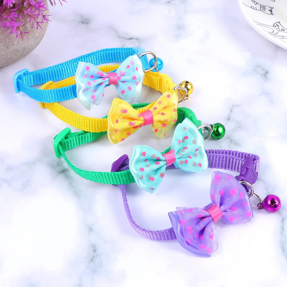 

4Pcs Adjustable Bowknot Pet Dog Collar Cute Bell Stylish Outdoor Walking Photo Taking Supplies Yellow Sky-Blue Green Purple