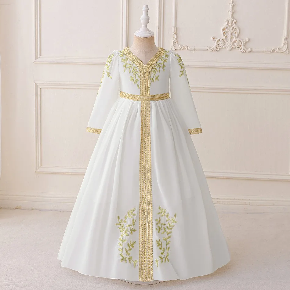 Muslim Girl White Embroidered Ramadan Long Dress Kids Birthday Parties Banquets Piano Performances Cocktail Princess Dress ASQ03