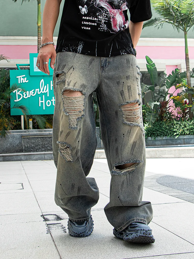 

Мужские джинсы High Street Sle Faded в стиле ретро, широкие брюки, свободные рваные джинсы прямого кроя, повседневные летние джинсы