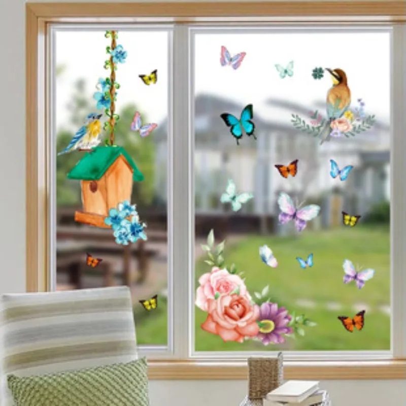 Spring Summer Tree Branch Bird Stickers Window Cling Butterfly Decals Glass Door Fridge Kids Room Decor No Glue Vinyl Art