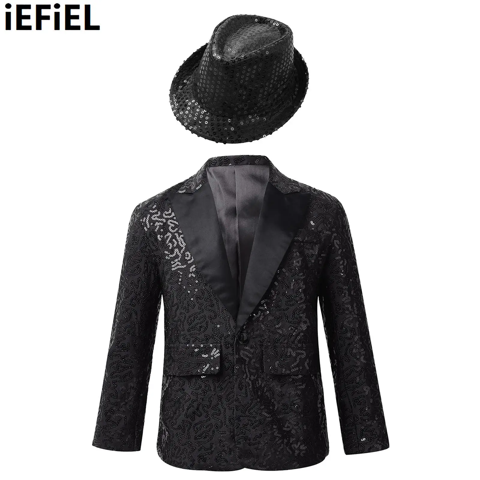 Kids Boys Shiny Sequins Dance Coat Lapel Single-breasted Tuxedo Suit Jacket with Fedora Hat for Performance Banquet Party