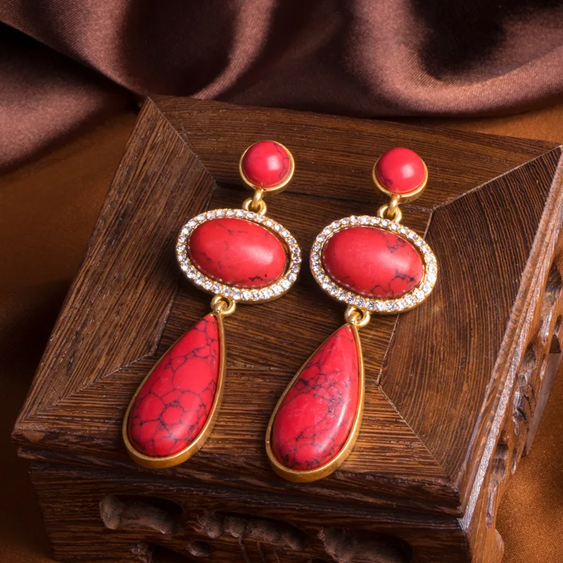 New S925 silver needle retro red turquoise earrings women's niche high-end sense medieval court style stud earrings