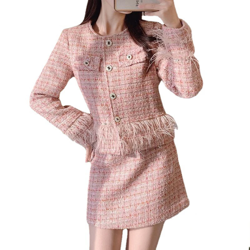 Women's Feather Tassel Tweed Coat+High Waist Slim Fit Skirt 2 pcs Set New Spring and Autumn Small Fragrant Style Set