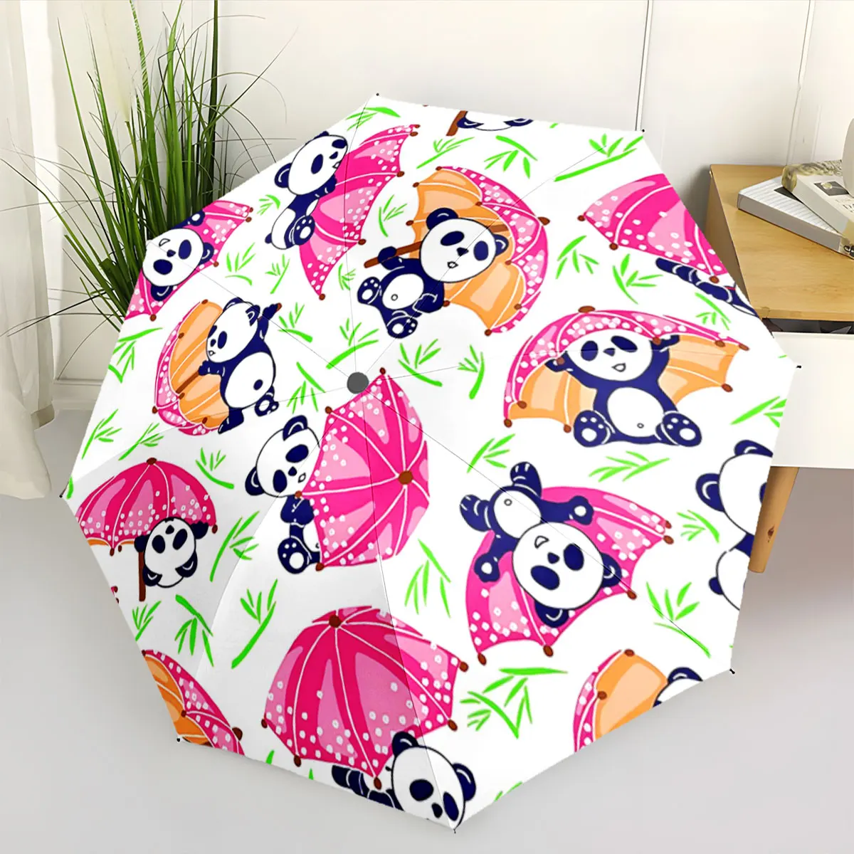 Cute Panda and Colorful Umbrellas Pattern Design portable waterproof sun rain umbrella for outdoor travel beach