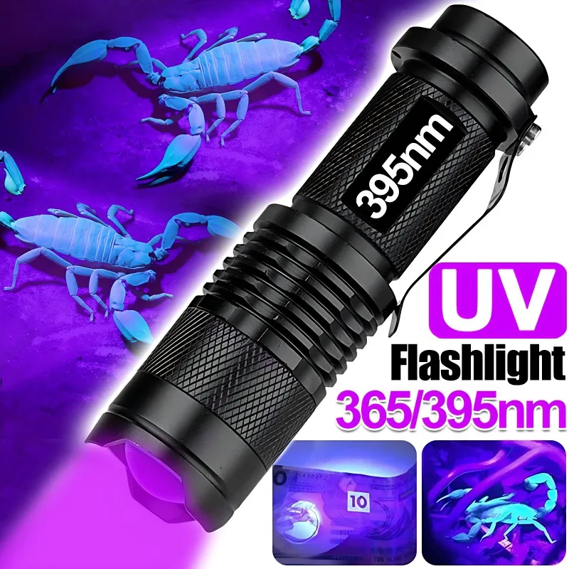 UV Flashlight LED Ultraviolet Torch Zoomable Mini Ultra Violet Lights 395/365nm Inspection Lamp Pet Urine Stain Detector Tools