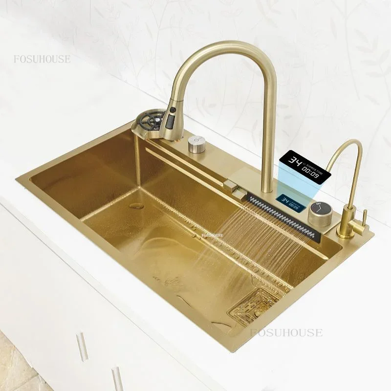 Stainless Steel Kitchen Sinks Household Nano Handmade Sink Golden Waterfall Faucet Multi-fuctional Above Counter Washing Sinks