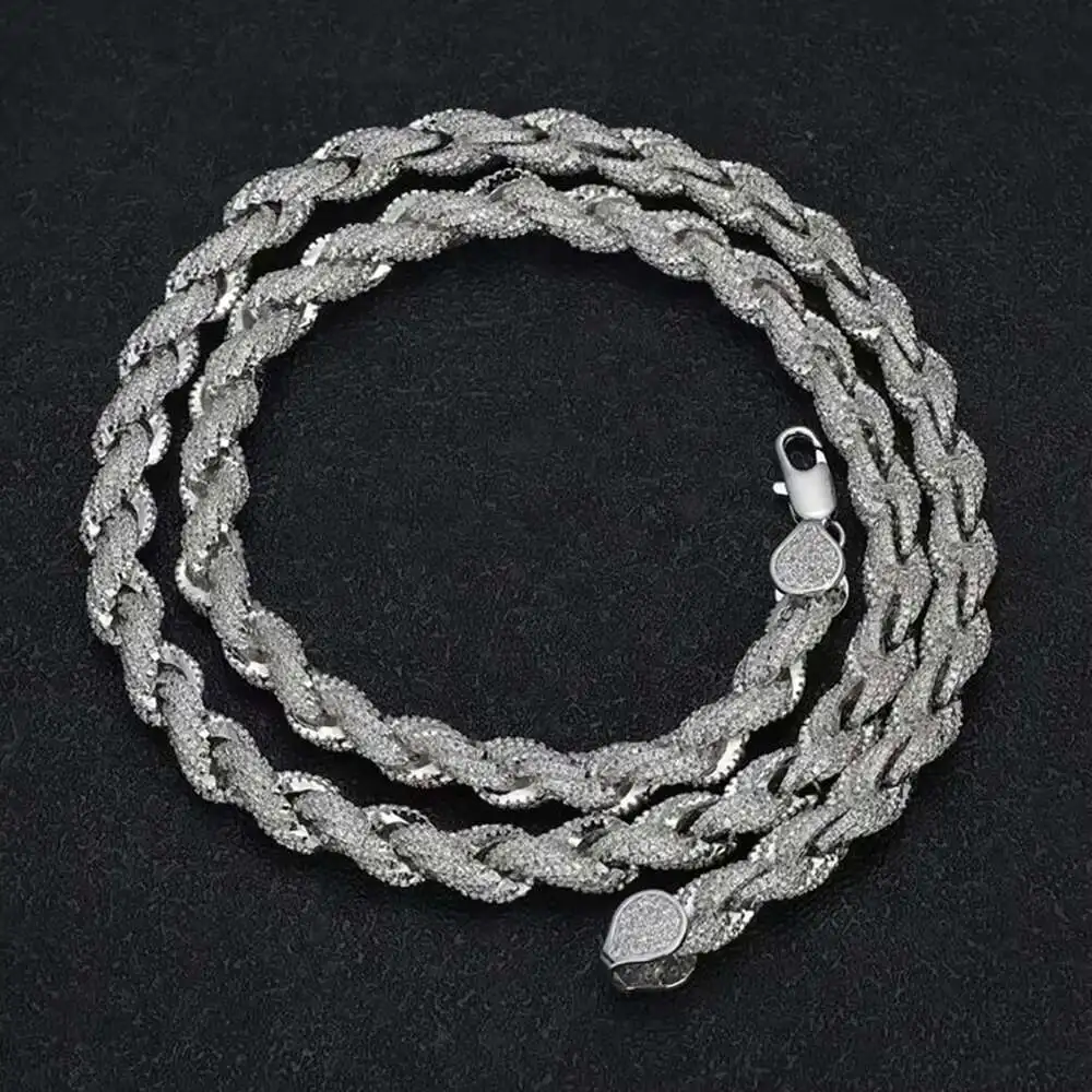 

Fully chilled hip-hop jewelry, pyroxene rope chain necklace, pure silver, 8mm twisted rope chain